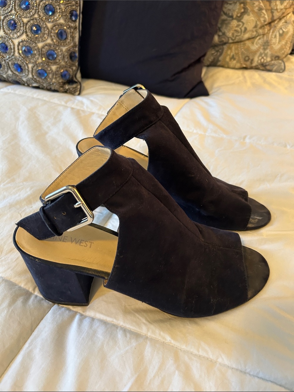 Nine West Navy Suede Peep-Toe Block Heel Sandals with Ankle Buckle